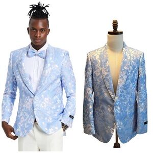 Tazzio Bespoke Europa Blazer Jacket Sky Blue Foil Size Medium 40L Foil Print NWT